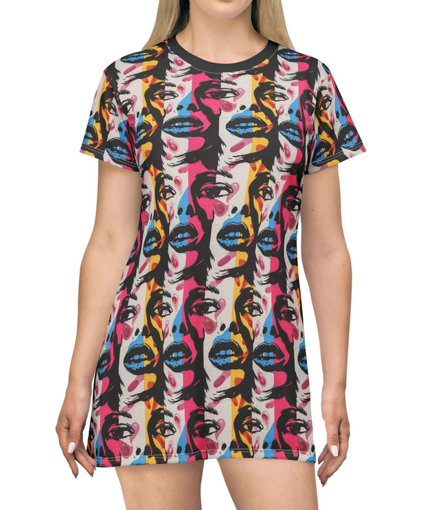 Vibrant abstract pop art face women's tee dress in bold colors with rollercoaster patterns, perfect for retro style lovers.