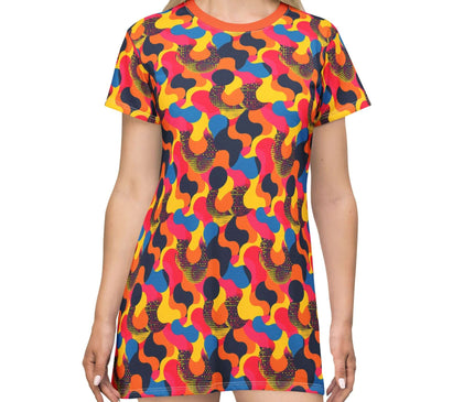 Vibrant Retro Abstract Wave Print Women's Tee Dress