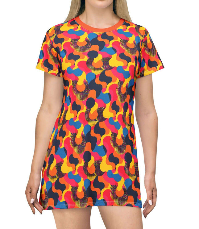 Vibrant Retro Abstract Wave Print Women's Tee Dress