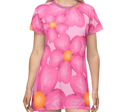 Pink Floral Print Women's Tee Dress