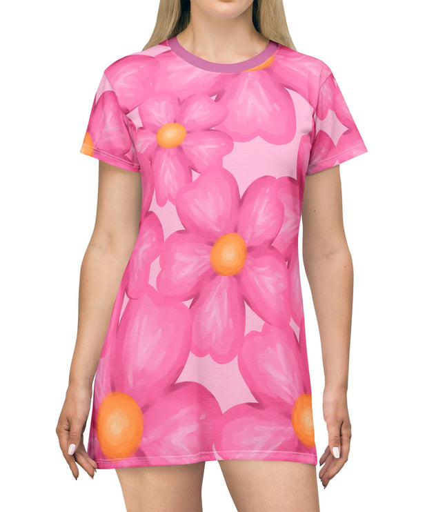 Pink Floral Print Women's Tee Dress