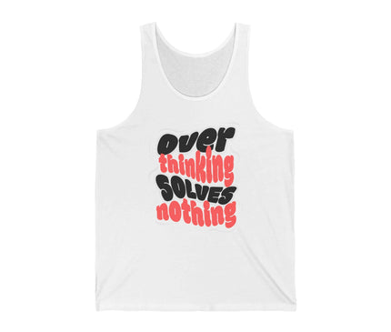 Over Thinking Solves Nothing jersey tank top in white with playful typography, perfect for casual wear.