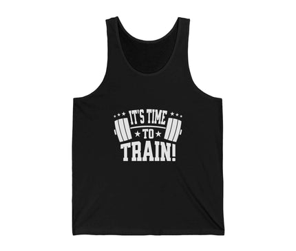 It's Time To Train graphic black jersey tank top for gym workouts, unisex fit, perfect for fitness enthusiasts.