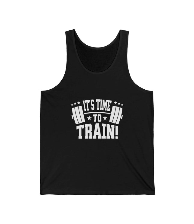 It's Time To Train graphic black jersey tank top for gym workouts, unisex fit, perfect for fitness enthusiasts.