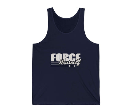 Force Yourself Jersey Tank in navy, perfect for gym workouts and fitness activities. Lightweight and comfortable fit.