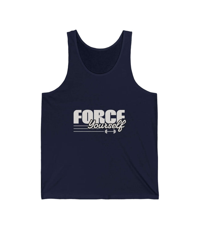 Force Yourself Jersey Tank in navy, perfect for gym workouts and fitness activities. Lightweight and comfortable fit.