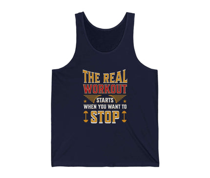 Navy jersey tank top with the text 'The Real Workout Starts When You Want To Stop' printed on it.
