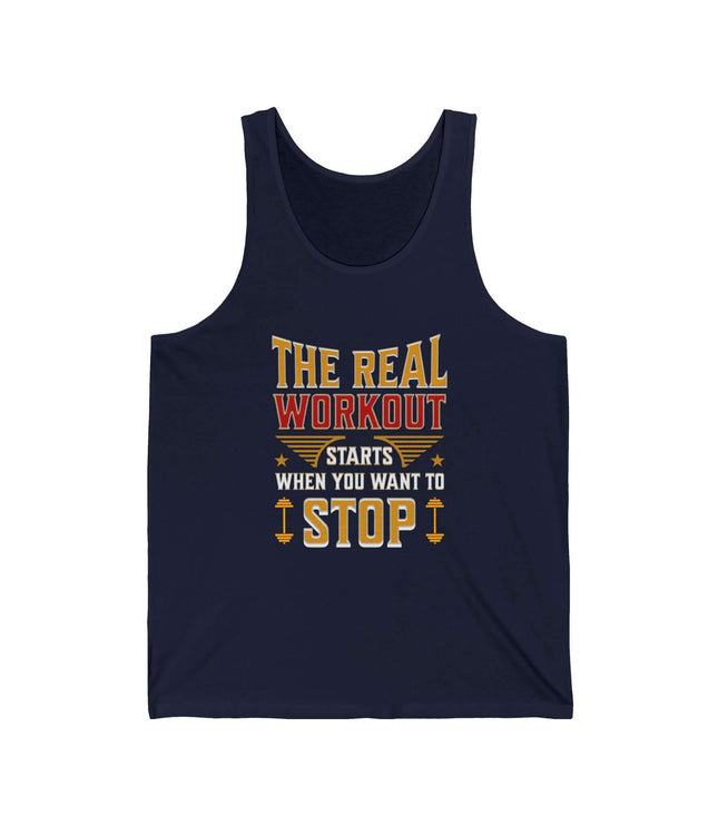 Navy jersey tank top with the text 'The Real Workout Starts When You Want To Stop' printed on it.