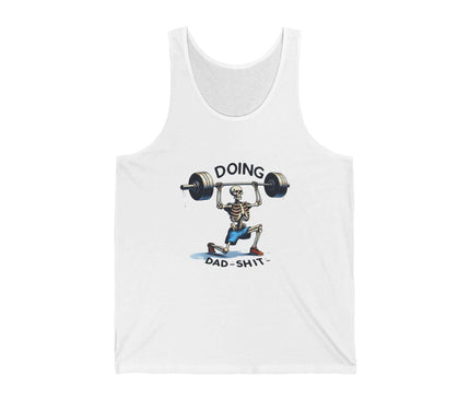 Funny dad jersey tank top featuring a skeleton lifting weights with the text 'Doing Dad Shit'.