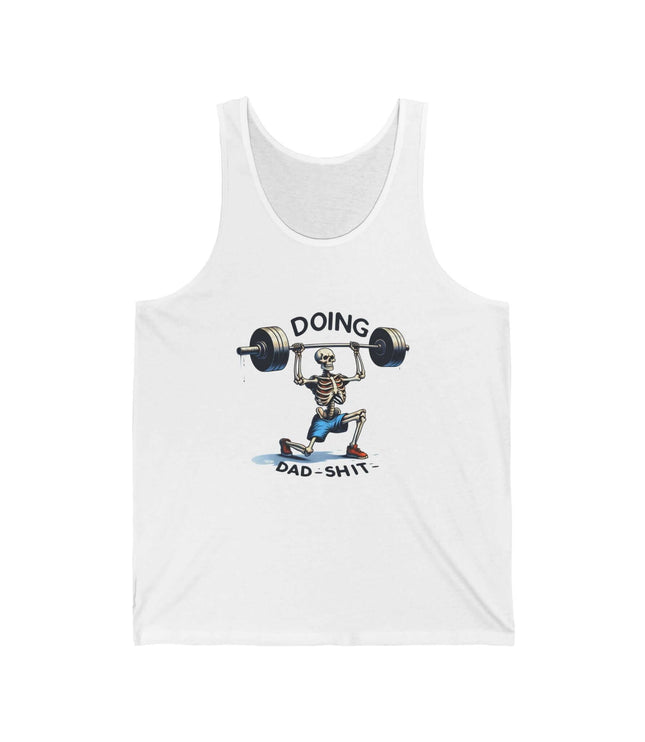 Funny dad jersey tank top featuring a skeleton lifting weights with the text 'Doing Dad Shit'.