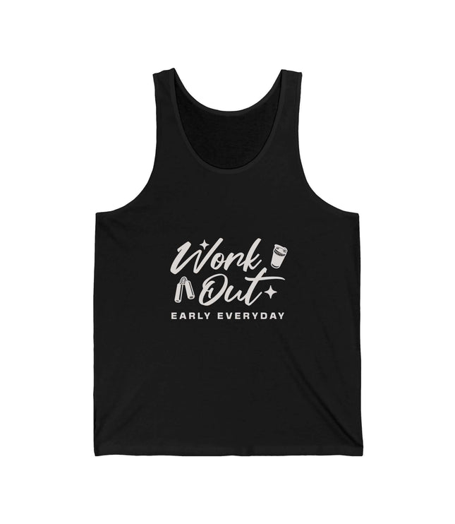 Black workout jersey tank top with motivational 'Work Out Early Everyday' design, perfect for fitness enthusiasts.