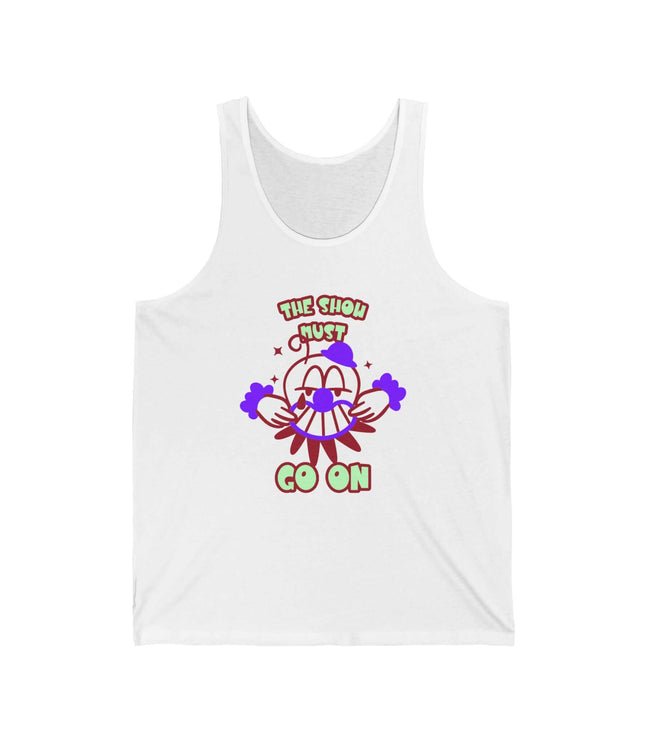 This Show Must Go jersey tank top with colorful graphic design, perfect for casual wear and summer outfits.
