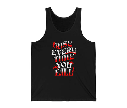 Black jersey tank top featuring the motivational text 'Rise Every Time You Fall' in bold red and white font.