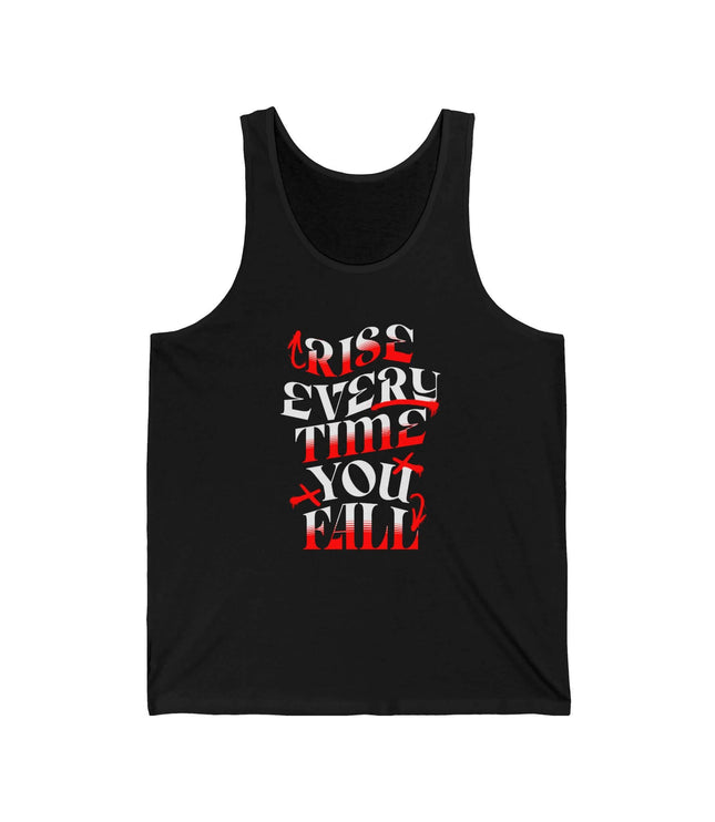 Black jersey tank top featuring the motivational text 'Rise Every Time You Fall' in bold red and white font.