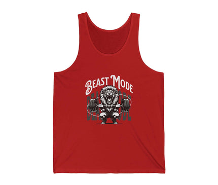Red tank top with 'Beast Mode' graphic featuring a lion lifting weights on a white background