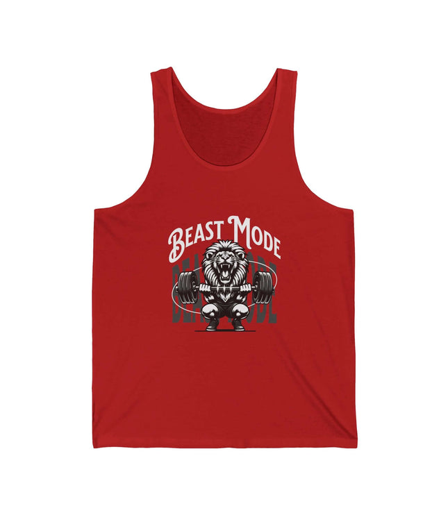 Red tank top with 'Beast Mode' graphic featuring a lion lifting weights on a white background