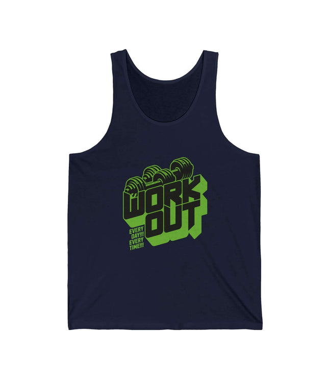 Workout jersey tank top in navy, featuring a bold green 'WORK OUT' graphic, perfect for gym and fitness activities.
