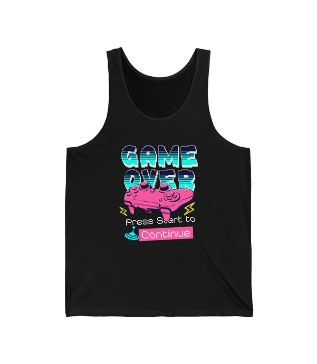 Game Over Jersey Tank top for gamers featuring retro graphics and vibrant colors, ideal for geek culture fans.