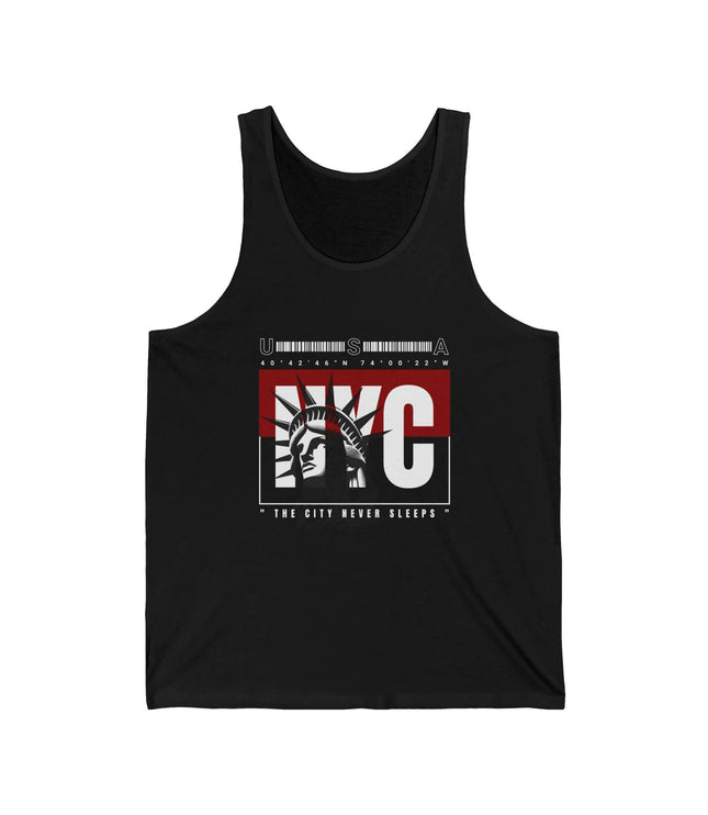 NYC jersey tank top featuring Statue of Liberty design, black unisex fit, perfect for casual wear.