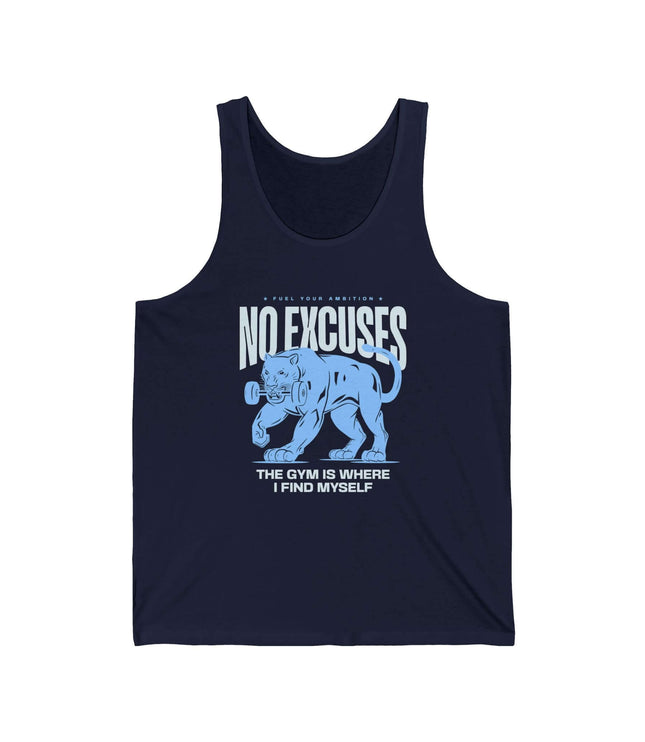 No Excuses Jersey Tank for gym and fitness, unisex design featuring a lion graphic in blue on navy background.