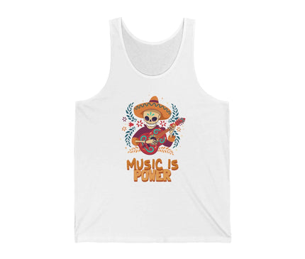 White jersey tank top featuring a colorful 'Music Is Power' graphic with a guitar and sombrero design.
