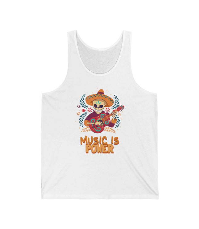 White jersey tank top featuring a colorful 'Music Is Power' graphic with a guitar and sombrero design.