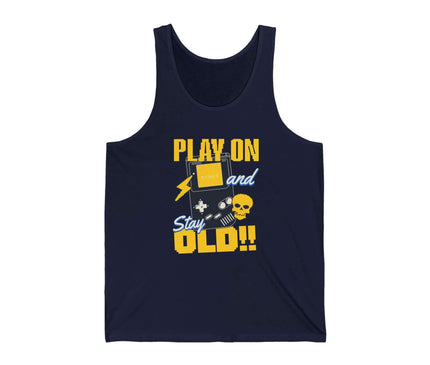 Play On Jersey Tank featuring playful graphics and text, ideal for casual wear and gaming enthusiasts.