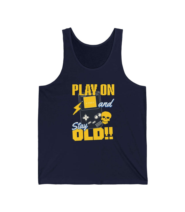 Play On Jersey Tank featuring playful graphics and text, ideal for casual wear and gaming enthusiasts.