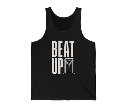 Beat Up jersey tank top in black for gym and fitness, featuring bold text design and a comfortable fit.