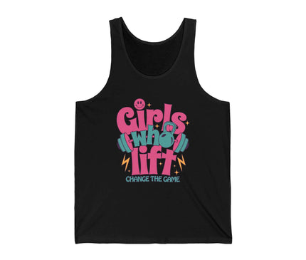 Girls Who Lift jersey tank top, perfect for gym and fitness, featuring a fun graphic design on a black background.