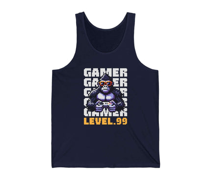 Navy tank top with a graphic of a gorilla holding a controller and 'Gamer Level 99' text on a white background.