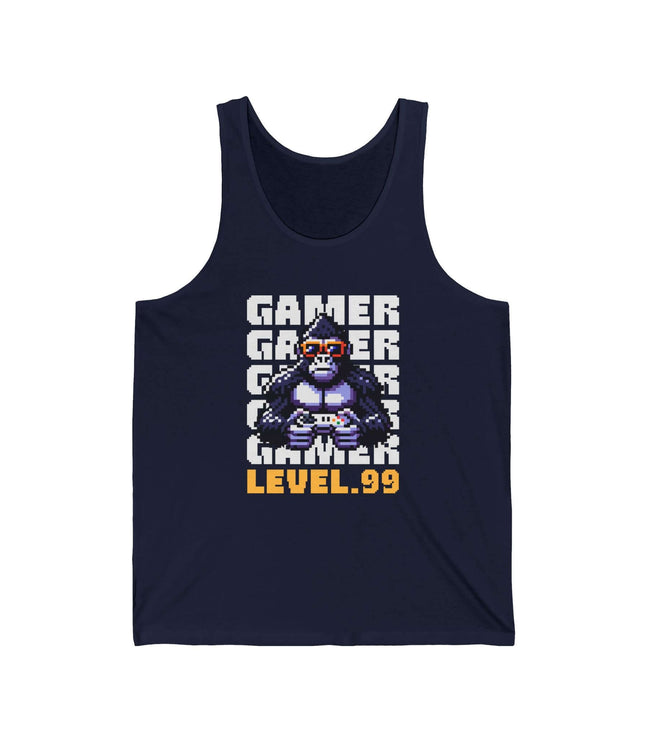 Navy tank top with a graphic of a gorilla holding a controller and 'Gamer Level 99' text on a white background.