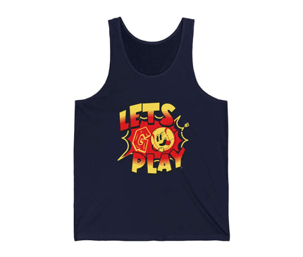 Lets Go Play graphic jersey tank top in navy, perfect for gym and fitness, unisex retail fit.