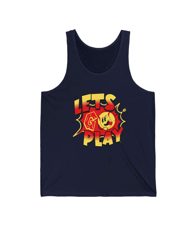 Lets Go Play graphic jersey tank top in navy, perfect for gym and fitness, unisex retail fit.