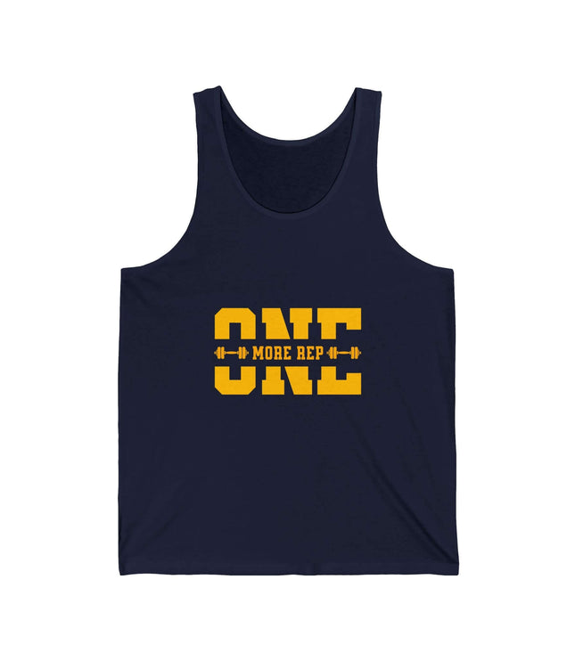 Navy jersey tank top with 'ONE MORE REP' slogan, perfect for gym and fitness enthusiasts.