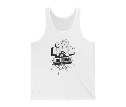 Go Hard Jersey Tank top in white with graphic print, perfect for gym and fitness, unisex retail fit.