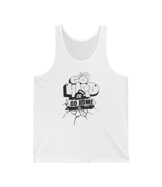 Go Hard Jersey Tank top in white with graphic print, perfect for gym and fitness, unisex retail fit.