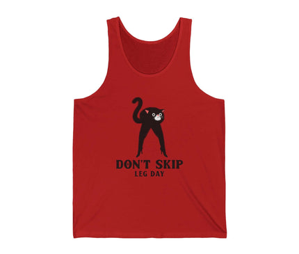 Red jersey tank top with a cat graphic and 'Don't Skip Leg Day' text, perfect for gym and fitness enthusiasts.