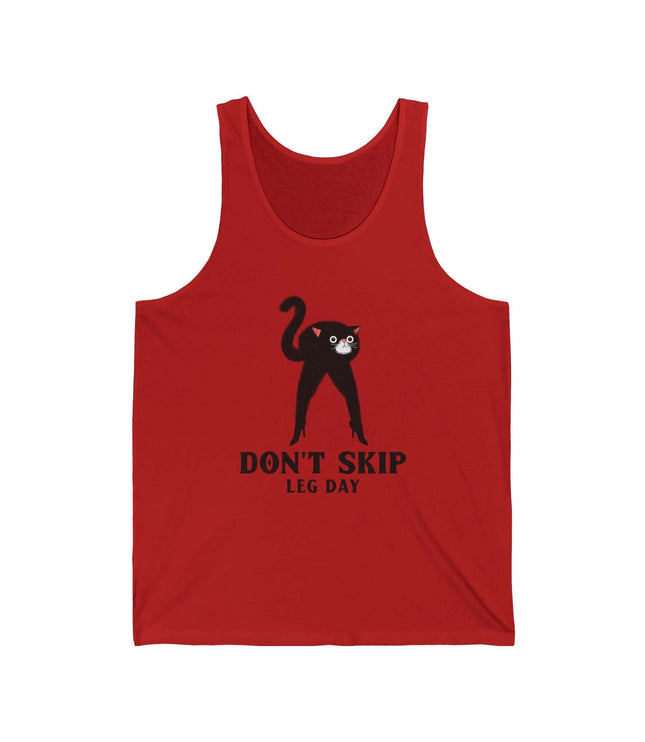 Red jersey tank top with a cat graphic and 'Don't Skip Leg Day' text, perfect for gym and fitness enthusiasts.