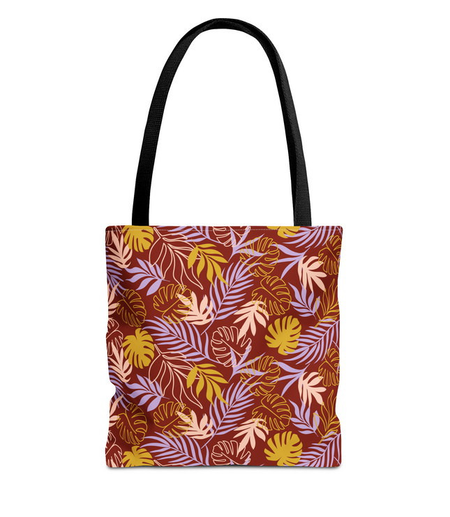 Maroon Tropical Leaf All Over Print Tote Bag